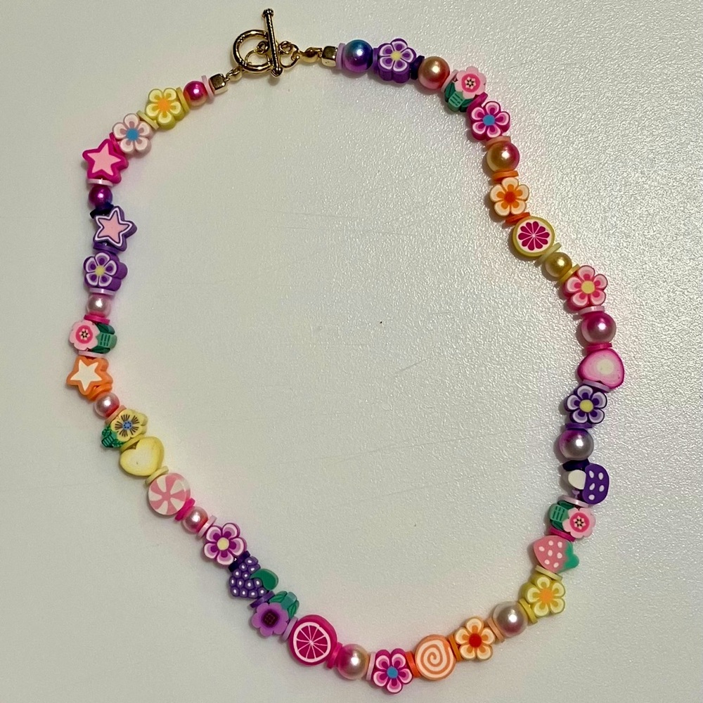 Handmade bright colorful fun beaded necklace with toggle closure